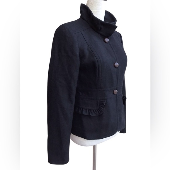 J Crew Black Wool Blend Ruffle Trim Coat Size 4 - Picture 3 of 4